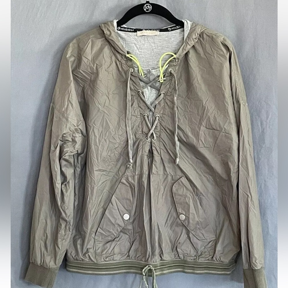 Hologram Lightweight Gray Hooded Jacket with lace up details and front pocket